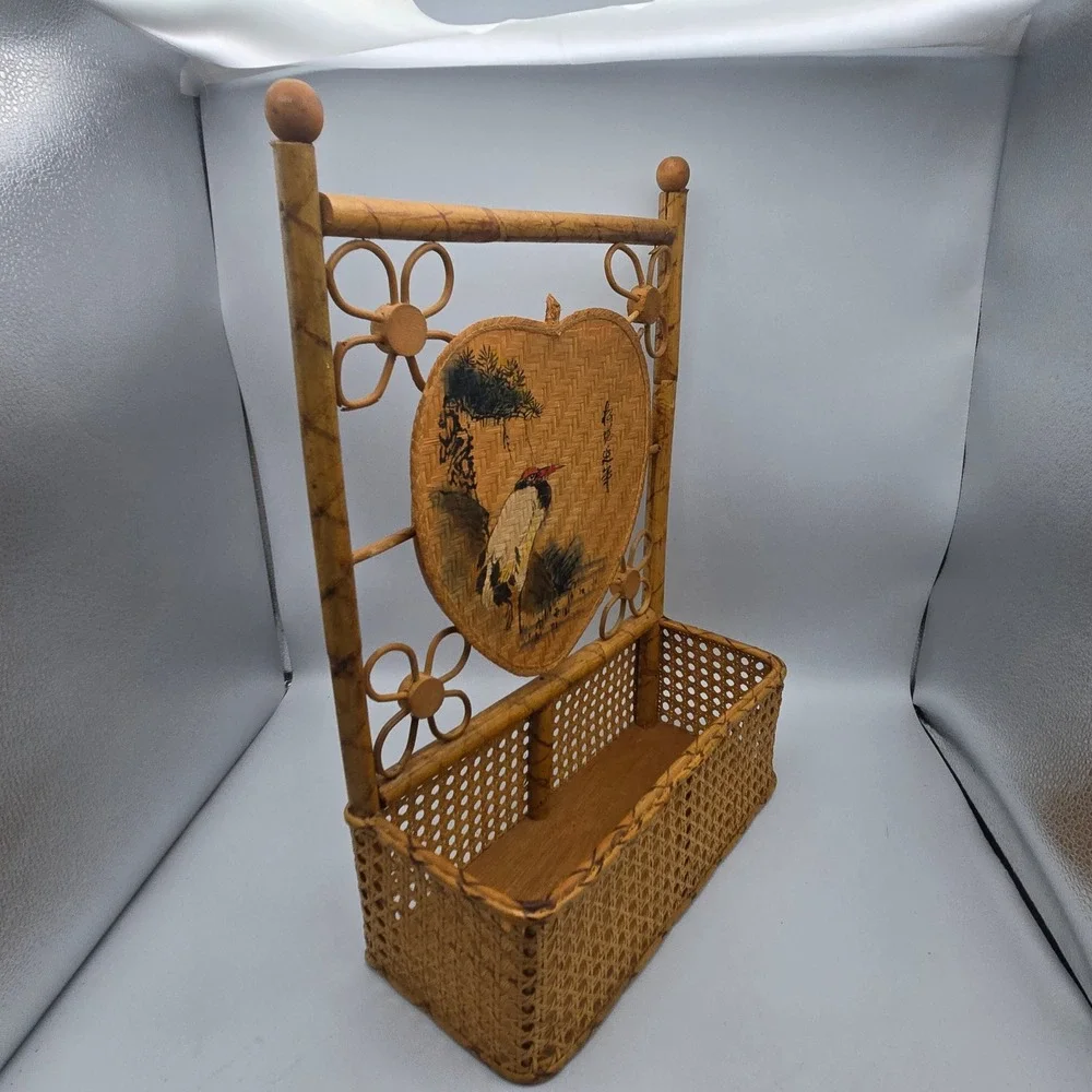 Vintage Bamboo Rattan Wall Mail Organizer Shelf Hand Painted Bird Boho 18